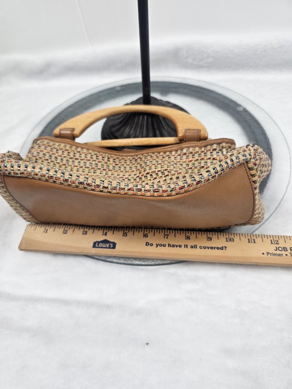 Fossil Raffia Straw Woven Boho Bag Purse Wooden‎ Handles Leather Trim - Picture 4 of 6